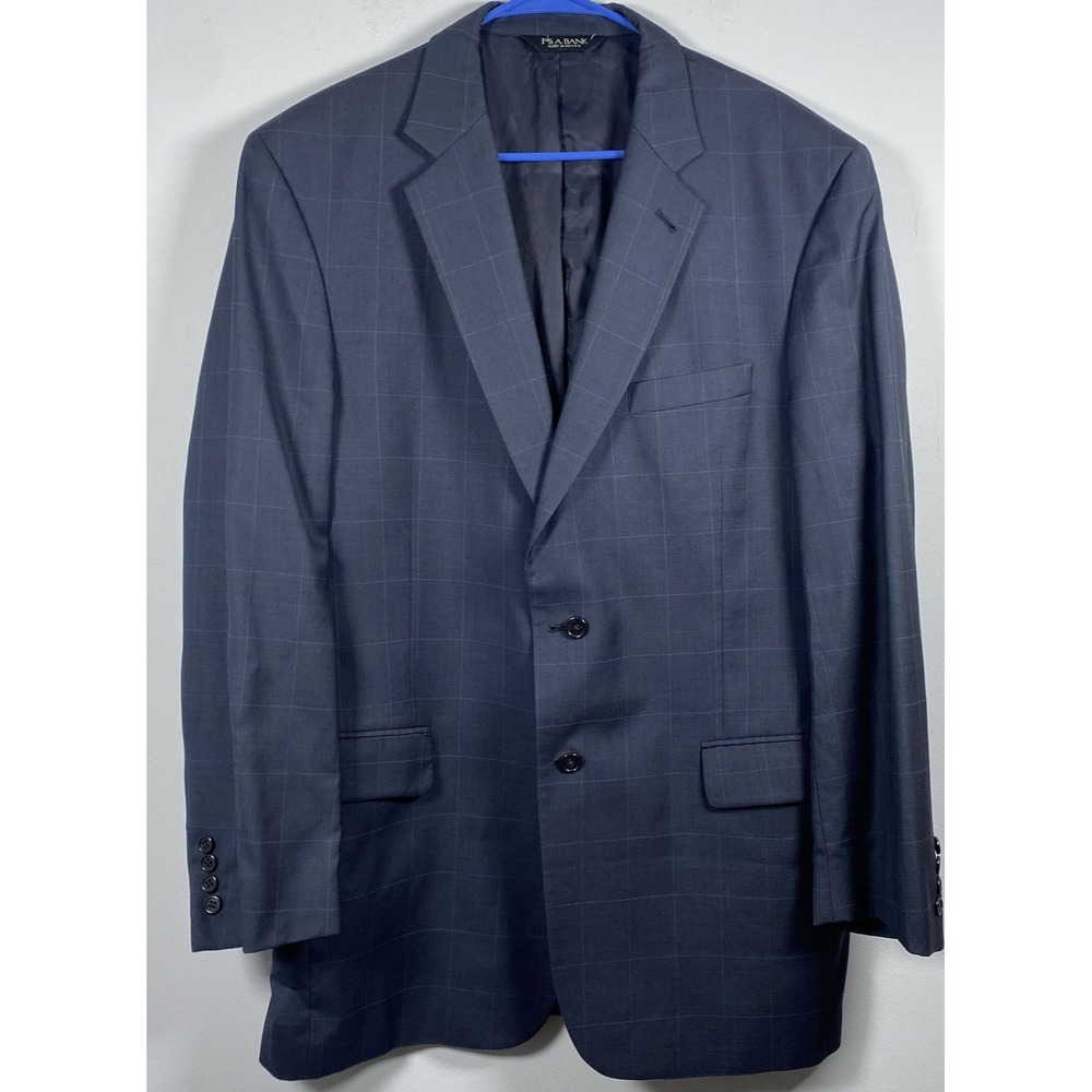 Jos A Bank Blazer‎ Mens US 44 Long Navy Blue Wool Silk Windowpane Sport Coat